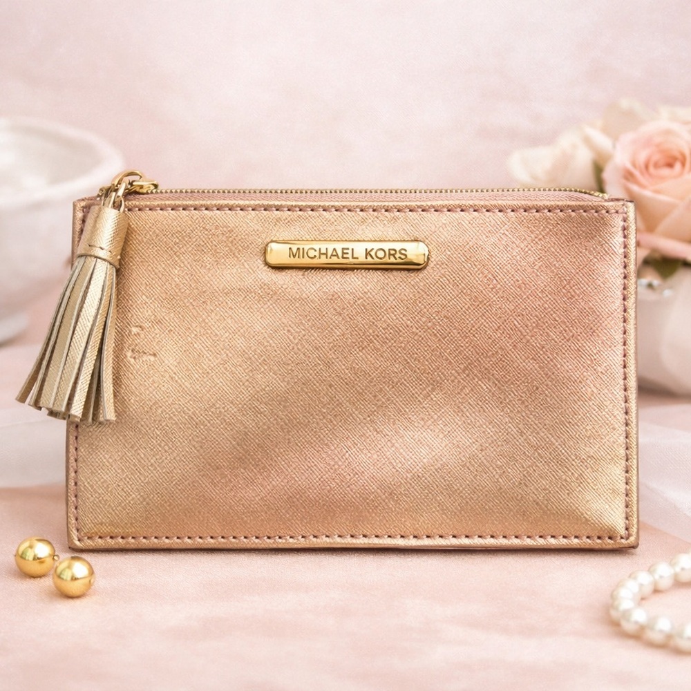 Michael Kors Rose Gold Zip Clutch Wristlet Metallic Saffiano Pouch